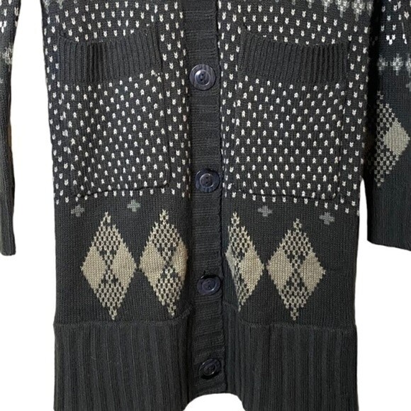 𝅺5/48 by Saks Long Fair Isle Duster Grandpa Cardigan Size S Black Gray - Picture 5 of 8
